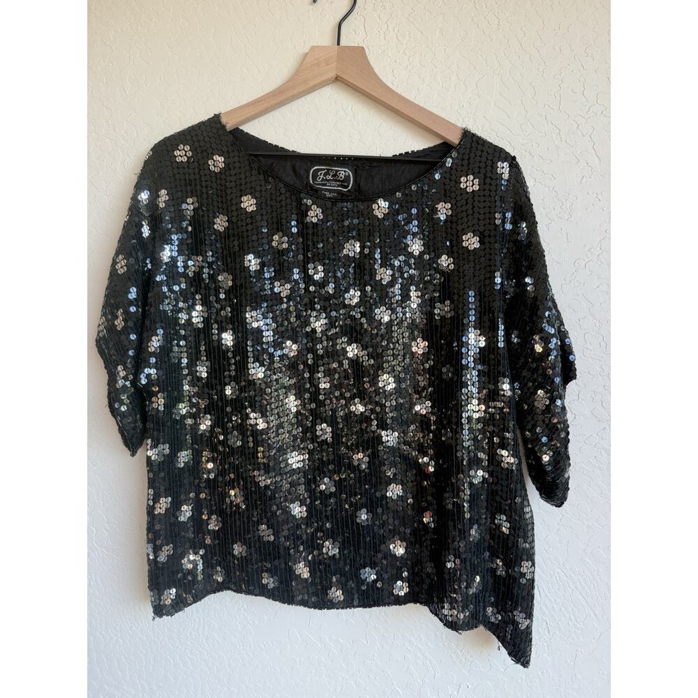 Vintage J.L.B. 100% Silk Sequins And Beaded Shirt | Silver And Black | Size M